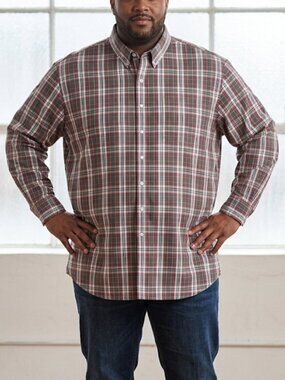 Oakhill Wrinkle Free Cool & Dry Brown White Red Plaid Button-Up Shirt Size 4XL